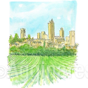 San Gimignano Tuscany Italy / Europe / travel fine art print from an original watercolor painting / Handmade souvenir / Travel gift