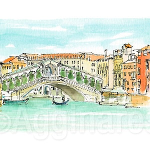 Venice Italy Rialto bridge / Europe / travel fine art print from an original watercolor painting / Handmade souvenir / Travel gift