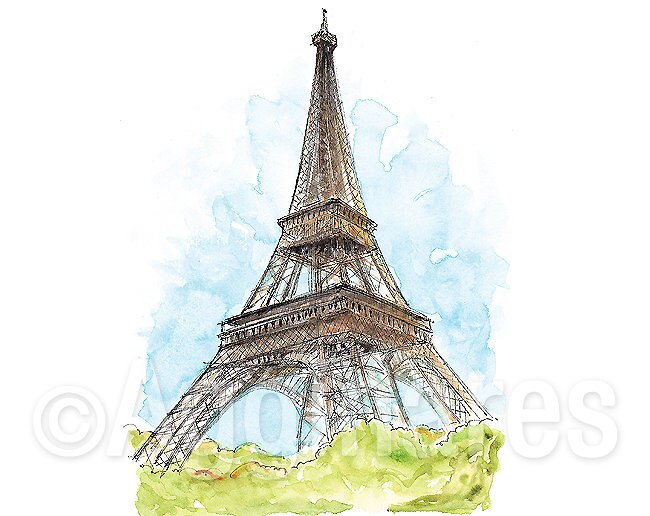 Paris Eiffel Tower France / Europe / travel fine art print from an original watercolor painting / Handmade souvenir / Travel gift