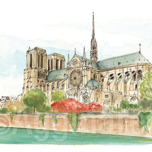 Paris France / Notre Dame / Europe / travel fine art print from an original watercolor painting / Handmade souvenir / Travel gift