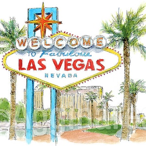 Las Vegas, Nevada, EE. UU. Impresión artística de viaje a partir de una pintura de acuarela original. Recuerdo hecho a mano. Regalo de viaje.
