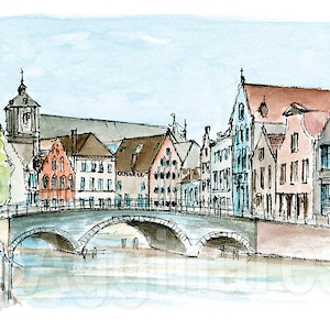 Bruges Belgium / Europe / travel fine art print from an original watercolor painting / Handmade souvenir / Travel gift