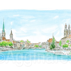 Zurigo Svizzera / Svizzera / Europa / stampa artistica di viaggio da un dipinto ad acquerello originale / Souvenir fatto a mano / Regalo di viaggio