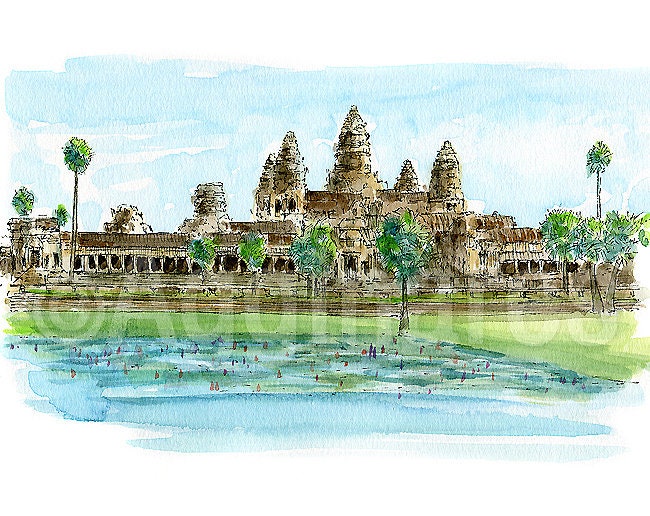 Angkor Wat Cambodia / Asia / travel fine art print from an original watercolor painting / Handmade souvenir / Travel gift