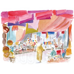 Marrakech Morocco souks market / Africa / travel fine art print from an original watercolor painting / Handmade souvenir / Travel gift