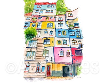 Wenen Wien Oostenrijk / Het Hundertwasser Huis / Europa / reizen fine art print van een origineel schilderij / Handgemaakt souvenir / Reiscadeau