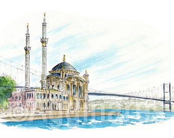Istanbul / Turkey / Asia / Travel fine art print from an original watercolor painting / Handmade souvenir / Travel gift