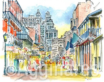 Bourbon Street / New Orleans Louisiana / USA / travel fine art print from an original watercolor painting / Handmade souvenir / Travel gift