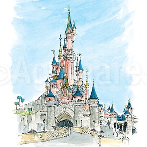ディズニーランド ユーロディズニー 眠れる森の美女の城 パリ フランス / ヨーロッパ / ディズニー / オリジナルの水彩画からのアートプリント