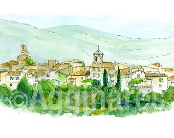 Lourmarin Provence France / Europe / travel fine art print from an original watercolor painting / Handmade souvenir / Travel gift