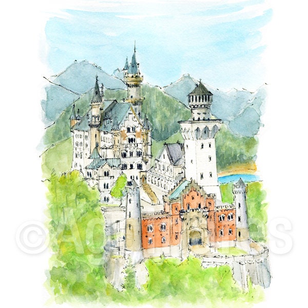 Bavaria Neuschwanstein Alemania / Europa / impresión artística de viaje de una acuarela original / Recuerdo hecho a mano / Regalo de viaje