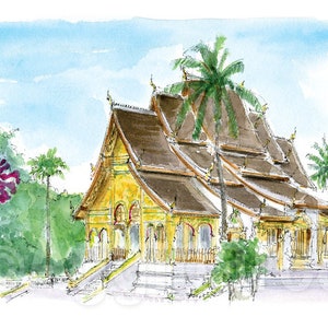 Luang Prabang Laos / Asie / Impression d'art de voyage à partir d'une aquarelle originale / Souvenir fait main / Cadeau de voyage