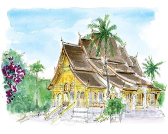 Luang Prabang Laos / Asia / travel fine art print from an original watercolor painting / Handmade souvenir / Travel gift