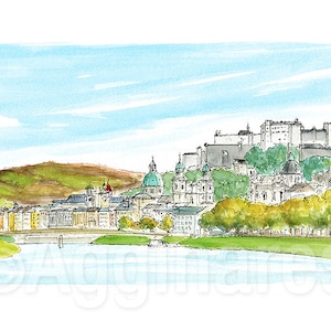 Salzbourg Autriche / Europe / Impression d'art de voyage à partir d'une aquarelle originale / Souvenir fait main / Cadeau de voyage