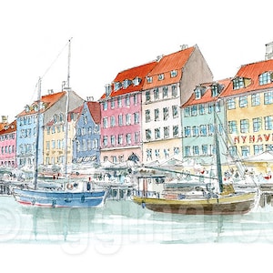 Copenhagen Denmark / Nyhavn / Europe / travel fine art print from an original watercolor painting / Handmade souvenir / Travel gift