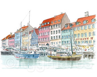 Copenhagen Denmark / Nyhavn / Europe / travel fine art print from an original watercolor painting / Handmade souvenir / Travel gift