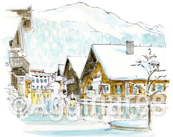 St. Anton Austria / Europe / travel fine art print from an original watercolor painting / Handmade souvenir / Travel gift