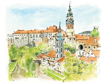 Cesky Krumlov Tsjechië / Europa / reizen fine art print van een origineel aquarel schilderij / Handgemaakt souvenir / Reiscadeau