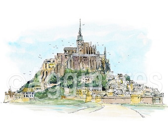 モンサンミッシェル フランス 水彩画のオリジナルアートプリント