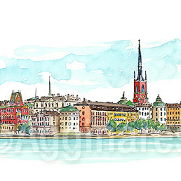 Stockholm Sweden / Europe / travel fine art print from an original watercolor painting / Handmade souvenir / Travel gift