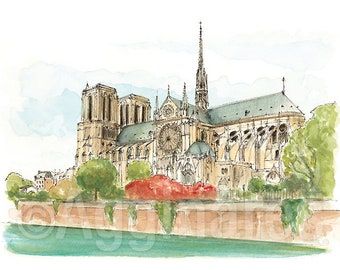 Paris France / Notre Dame / Europe / travel fine art print from an original watercolor painting / Handmade souvenir / Travel gift