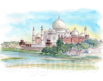 Agra India / Taj Mahal / Asia / travel fine art print from an original watercolor painting / Handmade souvenir / Travel gift