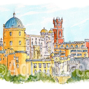 Sintra Pena Palace / Portugal / Europe / Tram / travel fine art print from an original watercolor painting / Handmade souvenir / Travel gift