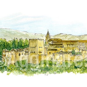 Castello dell'Alhambra di Granada, Spagna / Europa / stampa artistica di viaggio da un dipinto ad acquerello originale / souvenir fatto a mano / regalo di viaggio