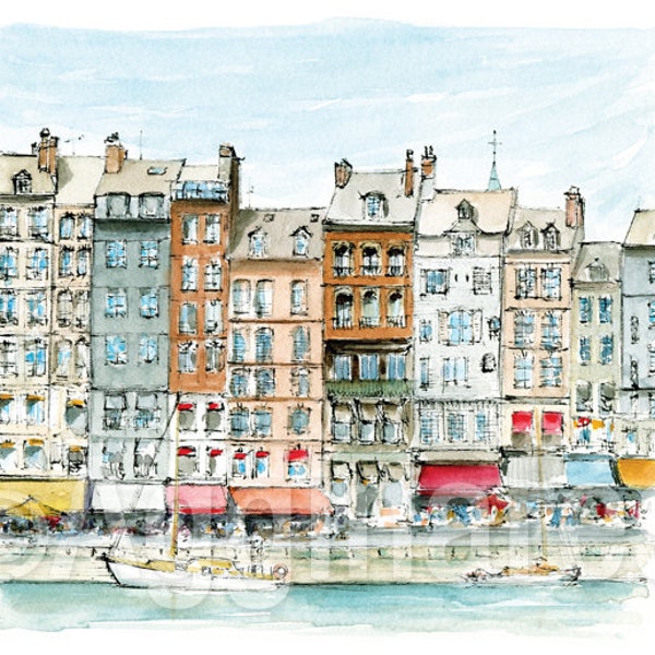 Honfleur Normandy France / Europe / travel fine art print from an original watercolor painting / Handmade souvenir / Travel gift