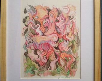 Framed Colored Pencil Drawing, "Molecules Making Love", 36x46cm