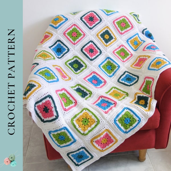 Granny Square Blanket Crochet Pattern, Modern Crochet Afghan, Flower Blanket Pattern, Baby Afghan Crochet pattern, Crochet Throw Blanket