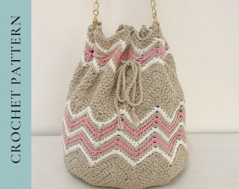 Chevron Bucket Bag Crochet Pattern, Crochet Drawstring Bag Pattern, Crochet Handbag, PDF Digital Download