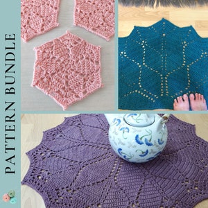 May include: A pattern bundle featuring various crochet projects. Includes a pink hexagonal coaster, a teal doily, and a purple doily with a teapot. The text "PATTERN BUNDLE" is on the left side of the image.