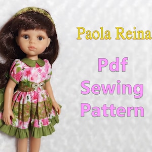 May include: A doll with brown hair and a floral dress. The dress has pink flowers and green accents. The text "Paola Reina Pdf Sewing Pattern" is displayed in yellow and pink.