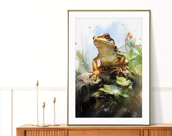 Aquarell Frosch im Wald Druck, Frosch Malerei, Tier Poster für Zuhause