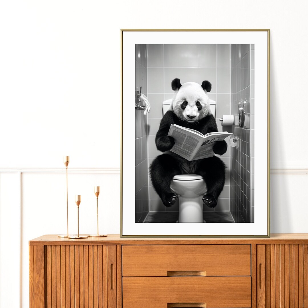 Panda Sitting on Toilet Print, Funny Bathroom Poster, Vintage Animal ...