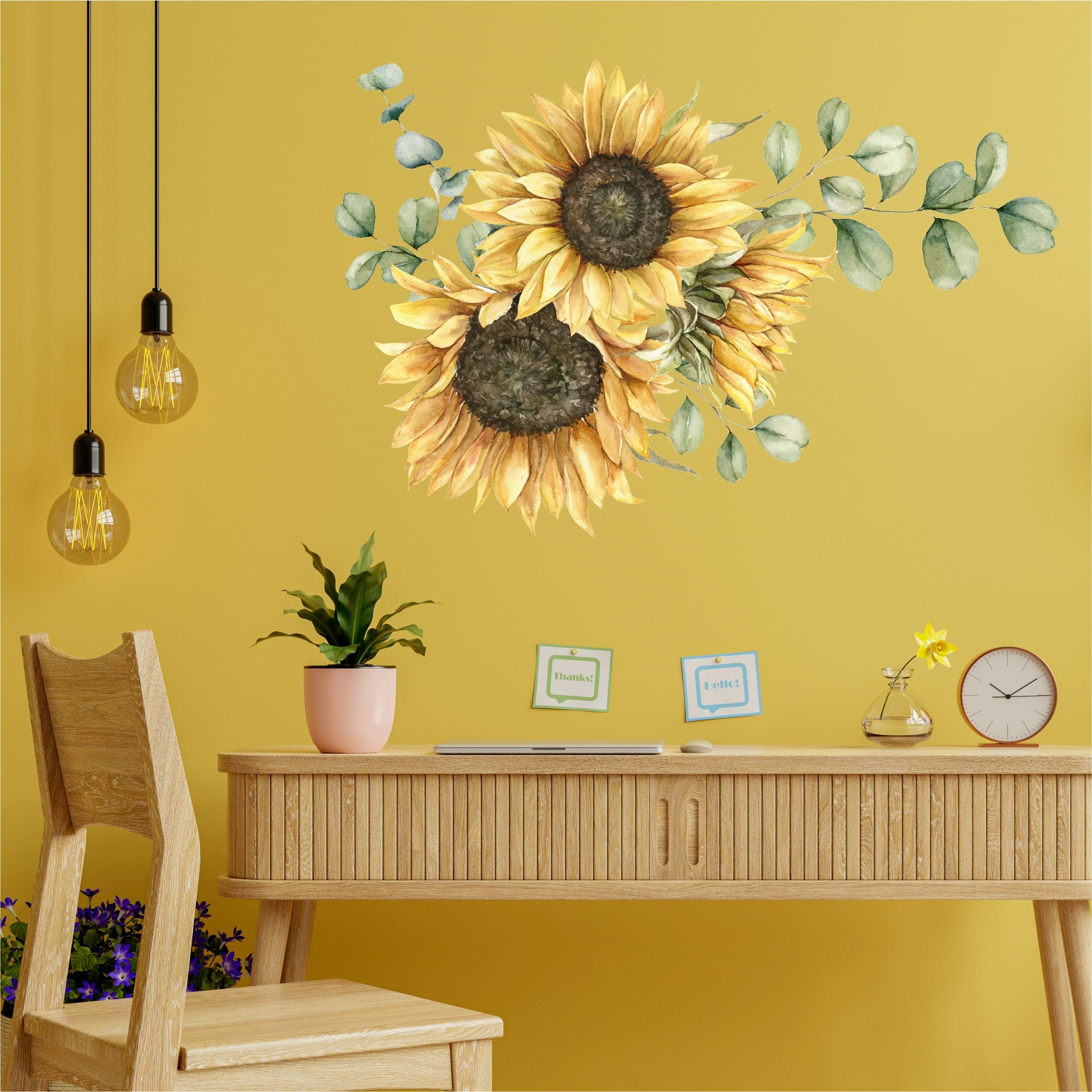 Watercolor Sunflower Wall Decal Peel and Stick Flower Wall Sticker Made