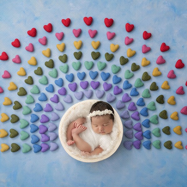 Blue Rainbow Felted Heart Boho Digital Backdrop Background Newborn Boy Girl - Overhead White Curls Fluff Fur Blanket Bowl Prop