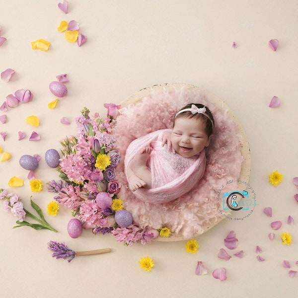 Pastel Pink Easter Egg with fresh florals Digital Backdrop Background Newborn Girl Boy - White Curls Fluff Fur Blanket Nest