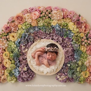 Pastel Rainbow Wreath Fresh Floral Flowers Roses Buds Digital Backdrop Background Newborn Girl - White Curls Fluff Fur Blanket Bowl Prop