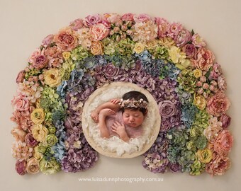 Pastel Rainbow Wreath Fresh Floral Flowers Roses Buds Digital Backdrop Background Newborn Girl - White Curls Fluff Fur Blanket Bowl Prop