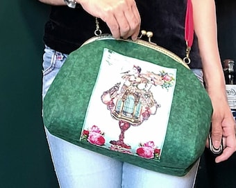 Victorian lady sewn on print shoulder bag or crossbody with metal kiss lock frame and adjustable strap