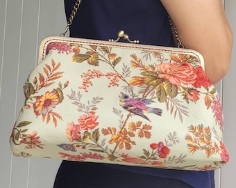 Spring floral print large size shoulder bag or clutch bag with 25cm metal frame kiss lock clasp. Handmade.