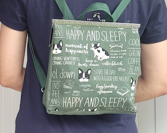 Bulldog print green backpack with kiss lock metal knob clasp opening
