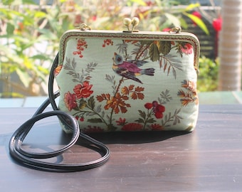 Spring floral print handbag or shoulder bag or clutch bag or purse or cross body with metal frame kiss lock clasp. Handmade