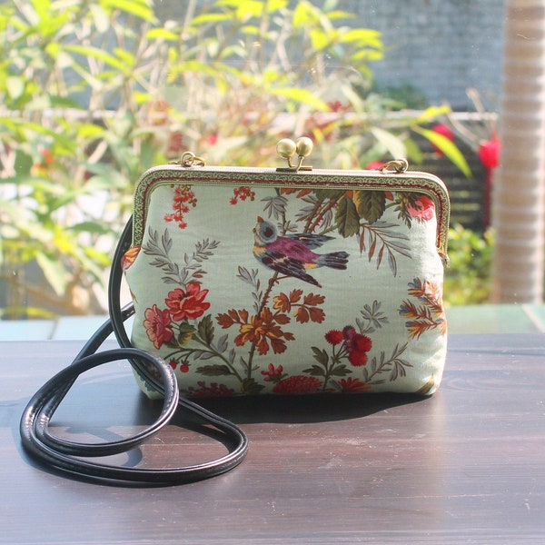 Spring floral print handbag or shoulder bag or clutch bag or purse or cross body with metal frame kiss lock clasp. Handmade