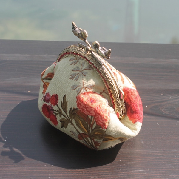 Spring floral coin purse, change purse, pouch with kisslock metal frame and bird knob.