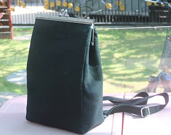 Black backpack. Classic, unique & chic. Kisslock metal frame bag. Handmade. Made to order.