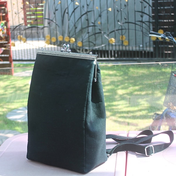 Black backpack. Classic, unique & chic. Kisslock metal frame bag. Handmade. Made to order.