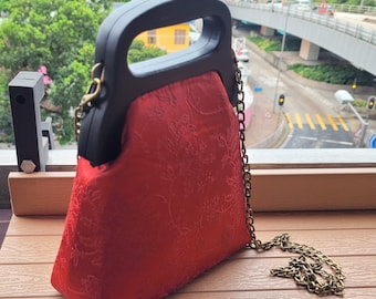 Oriental vintage look red brocade handbag or crossbody bag with wooden frame handle